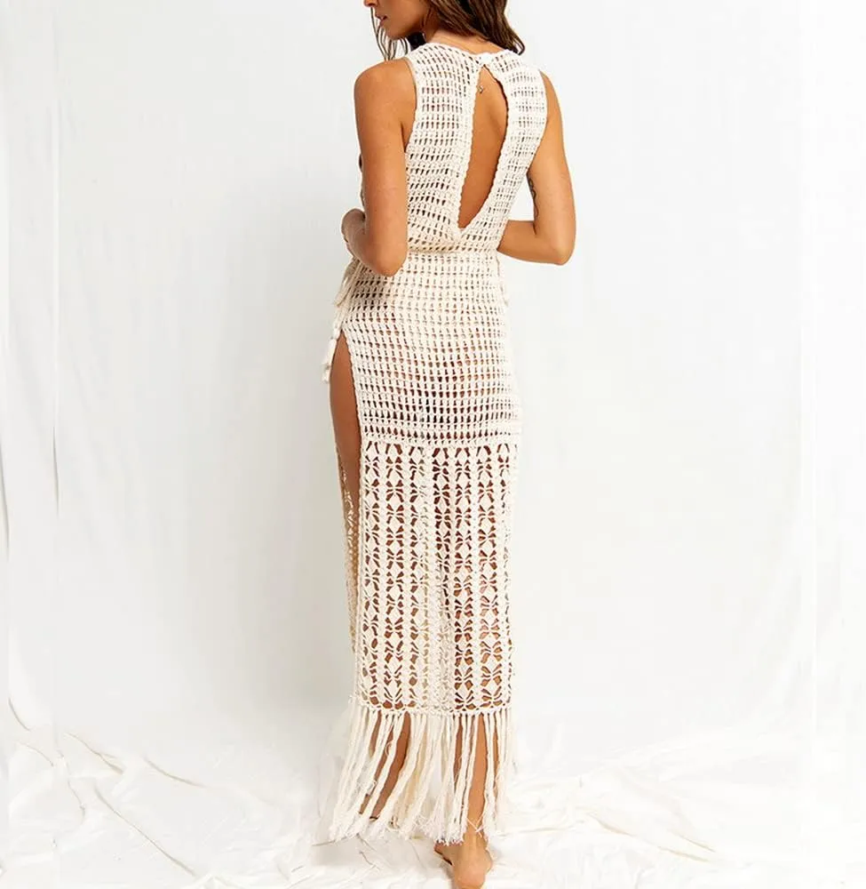 Women Sexy Hollow Out Mesh Tassle Skirts Beach Cover Up Crochet Summer Swimsuit Split Sheer Maxi Swimwear