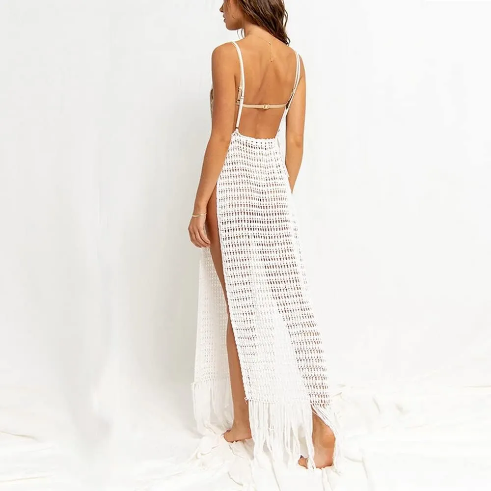 Women Sexy Hollow Out Mesh Tassle Skirts Beach Cover Up Crochet Summer Swimsuit Split Sheer Maxi Swimwear
