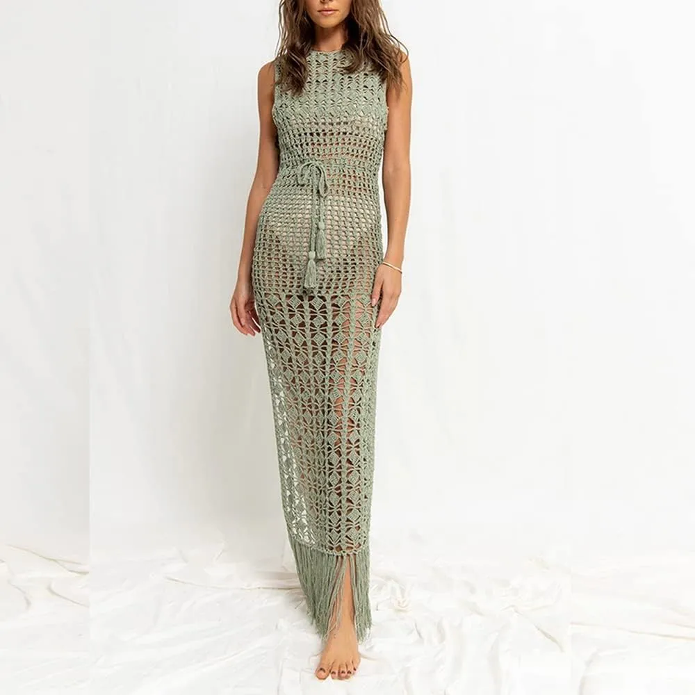 Women Sexy Hollow Out Mesh Tassle Skirts Beach Cover Up Crochet Summer Swimsuit Split Sheer Maxi Swimwear