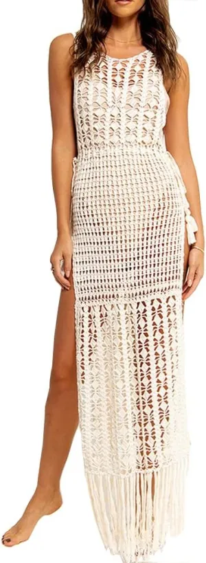 Women Sexy Hollow Out Mesh Tassle Skirts Beach Cover Up Crochet Summer Swimsuit Split Sheer Maxi Swimwear
