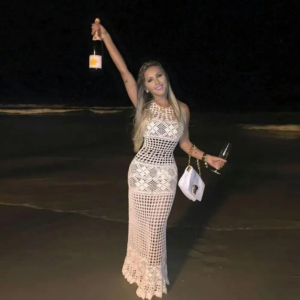 Women Sexy Hollow Out Mesh Tassle Skirts Beach Cover Up Crochet Summer Swimsuit Split Sheer Maxi Swimwear