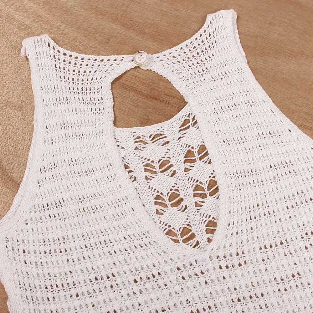 Women Sexy Hollow Out Mesh Tassle Skirts Beach Cover Up Crochet Summer Swimsuit Split Sheer Maxi Swimwear