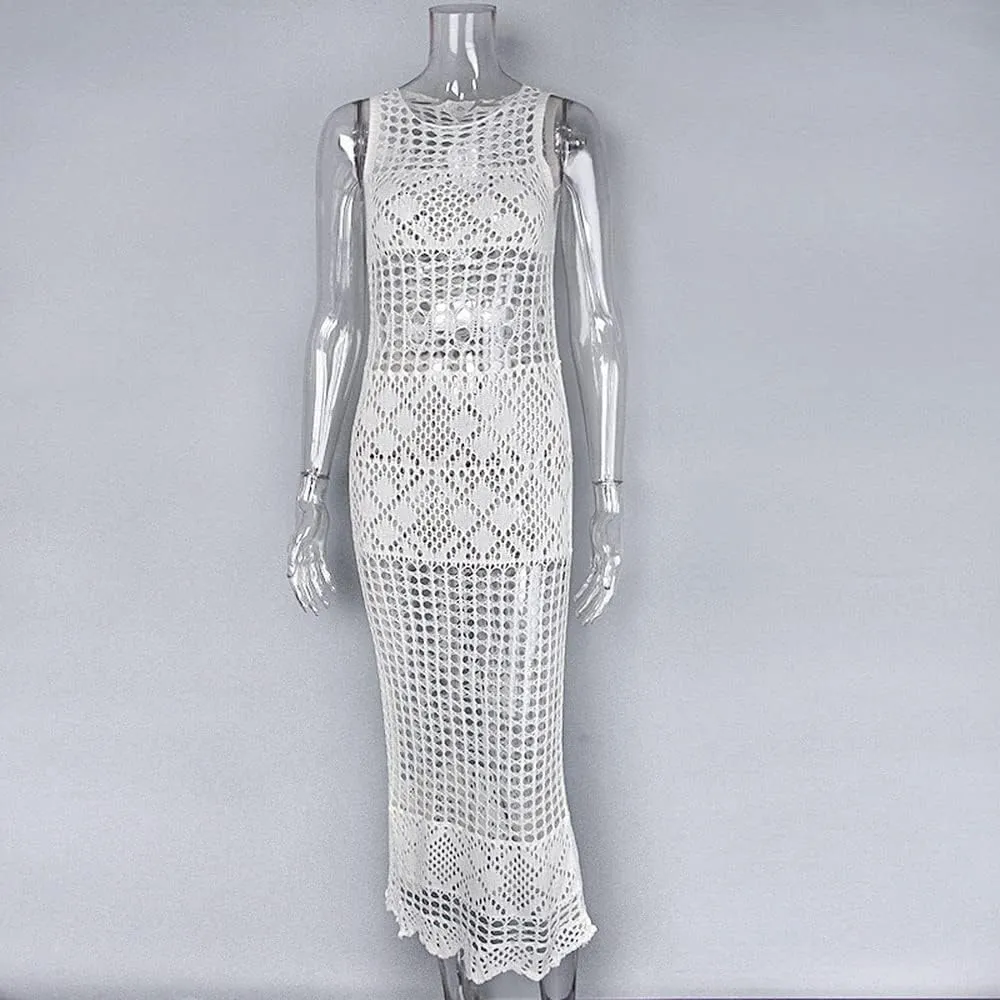 Women Sexy Hollow Out Mesh Tassle Skirts Beach Cover Up Crochet Summer Swimsuit Split Sheer Maxi Swimwear