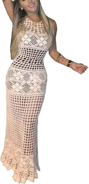 Women Sexy Hollow Out Mesh Tassle Skirts Beach Cover Up Crochet Summer Swimsuit Split Sheer Maxi Swimwear