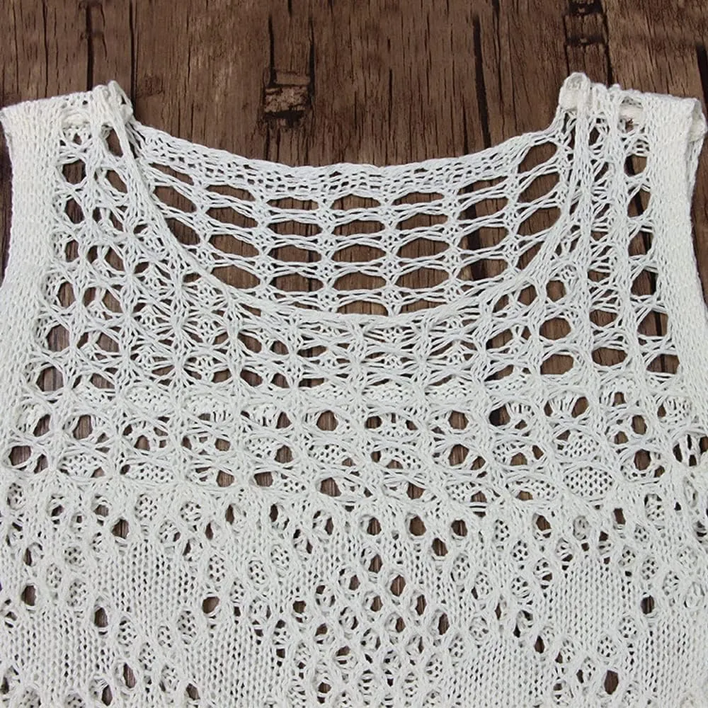 Women Sexy Hollow Out Mesh Tassle Skirts Beach Cover Up Crochet Summer Swimsuit Split Sheer Maxi Swimwear