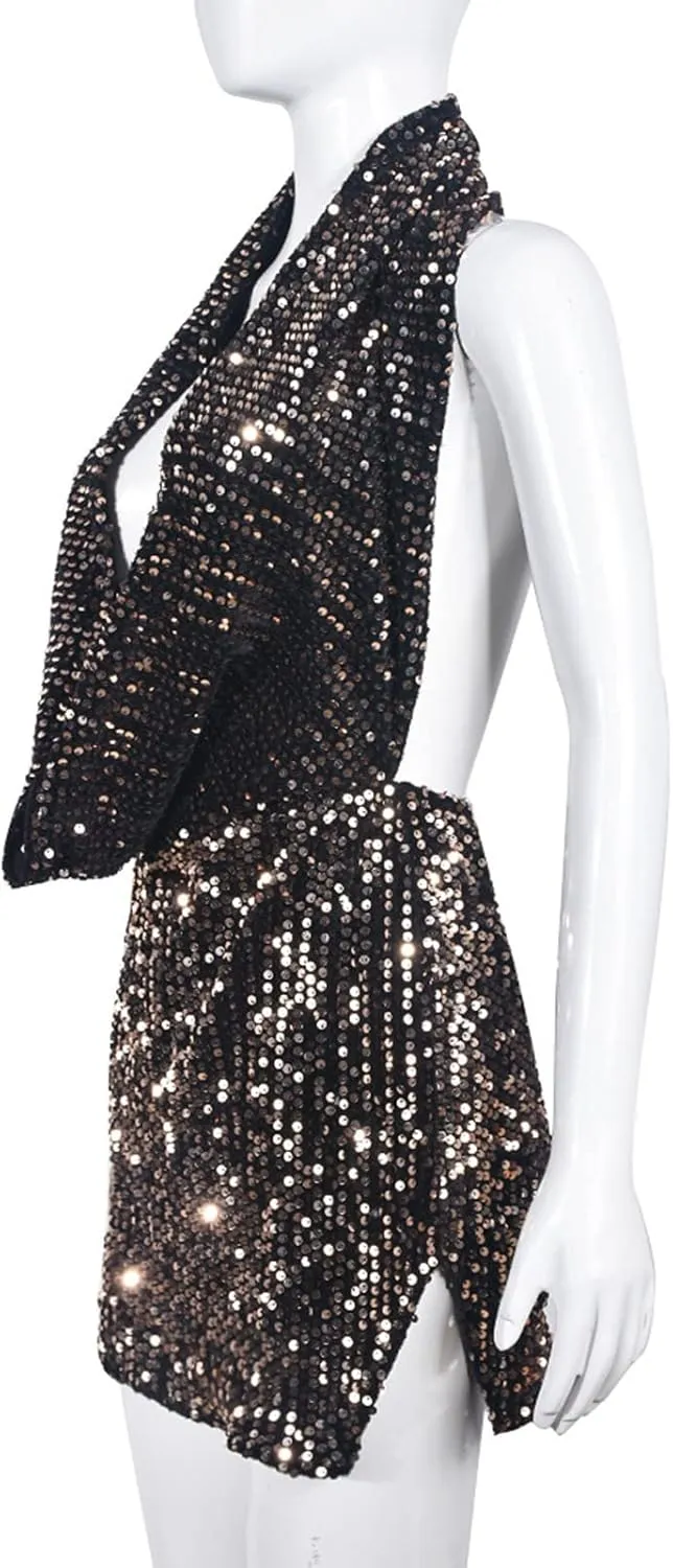 Women Sexy V-Neck Bodycon Sequin Mini Dress Hooded Sparkly Dresses for Party Club Night