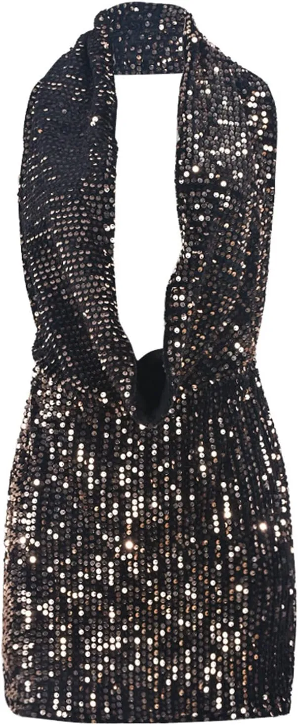 Women Sexy V-Neck Bodycon Sequin Mini Dress Hooded Sparkly Dresses for Party Club Night