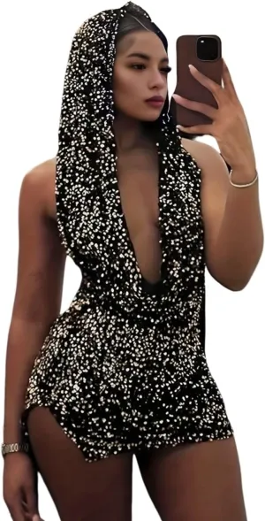 Women Sexy V-Neck Bodycon Sequin Mini Dress Hooded Sparkly Dresses for Party Club Night