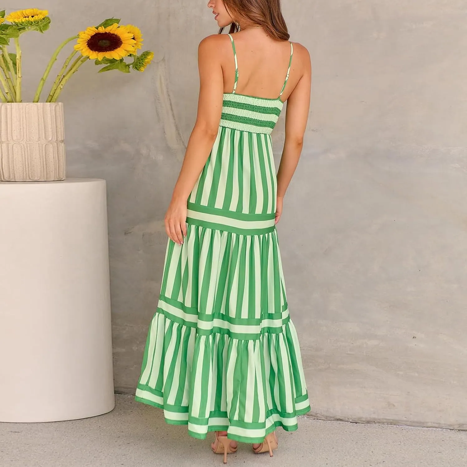 Women Striped Print Maxi Dress Spaghetti Strap Flowy Tiered Dress Sleeveless Casual Summer Sundress
