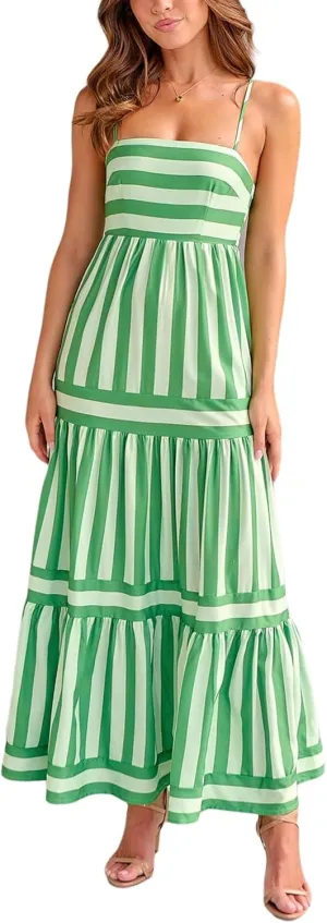 Women Striped Print Maxi Dress Spaghetti Strap Flowy Tiered Dress Sleeveless Casual Summer Sundress