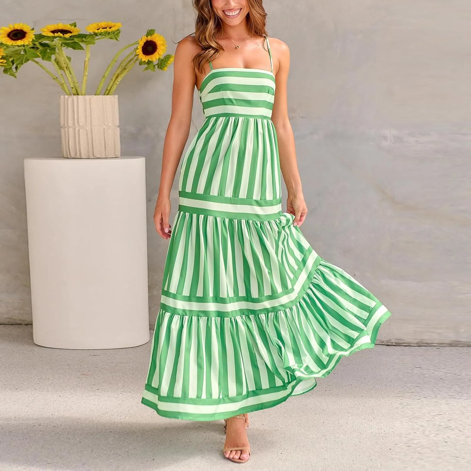 Women Striped Print Maxi Dress Spaghetti Strap Flowy Tiered Dress Sleeveless Casual Summer Sundress