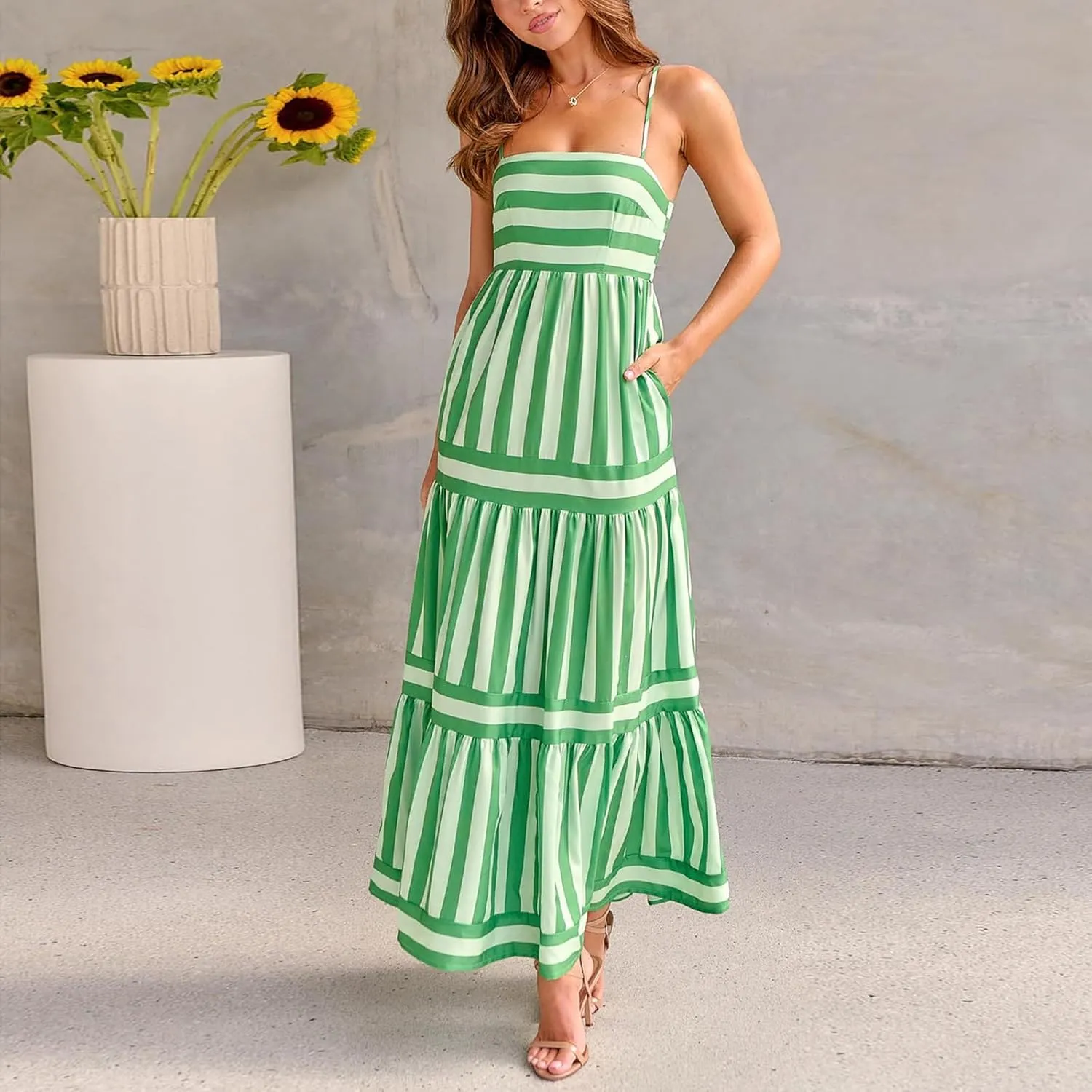 Women Striped Print Maxi Dress Spaghetti Strap Flowy Tiered Dress Sleeveless Casual Summer Sundress