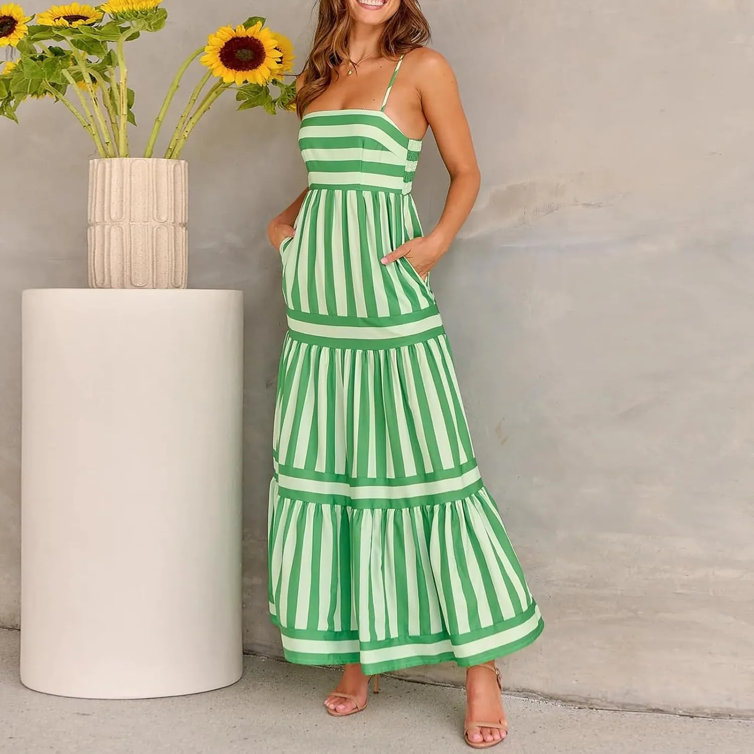 Women Striped Print Maxi Dress Spaghetti Strap Flowy Tiered Dress Sleeveless Casual Summer Sundress