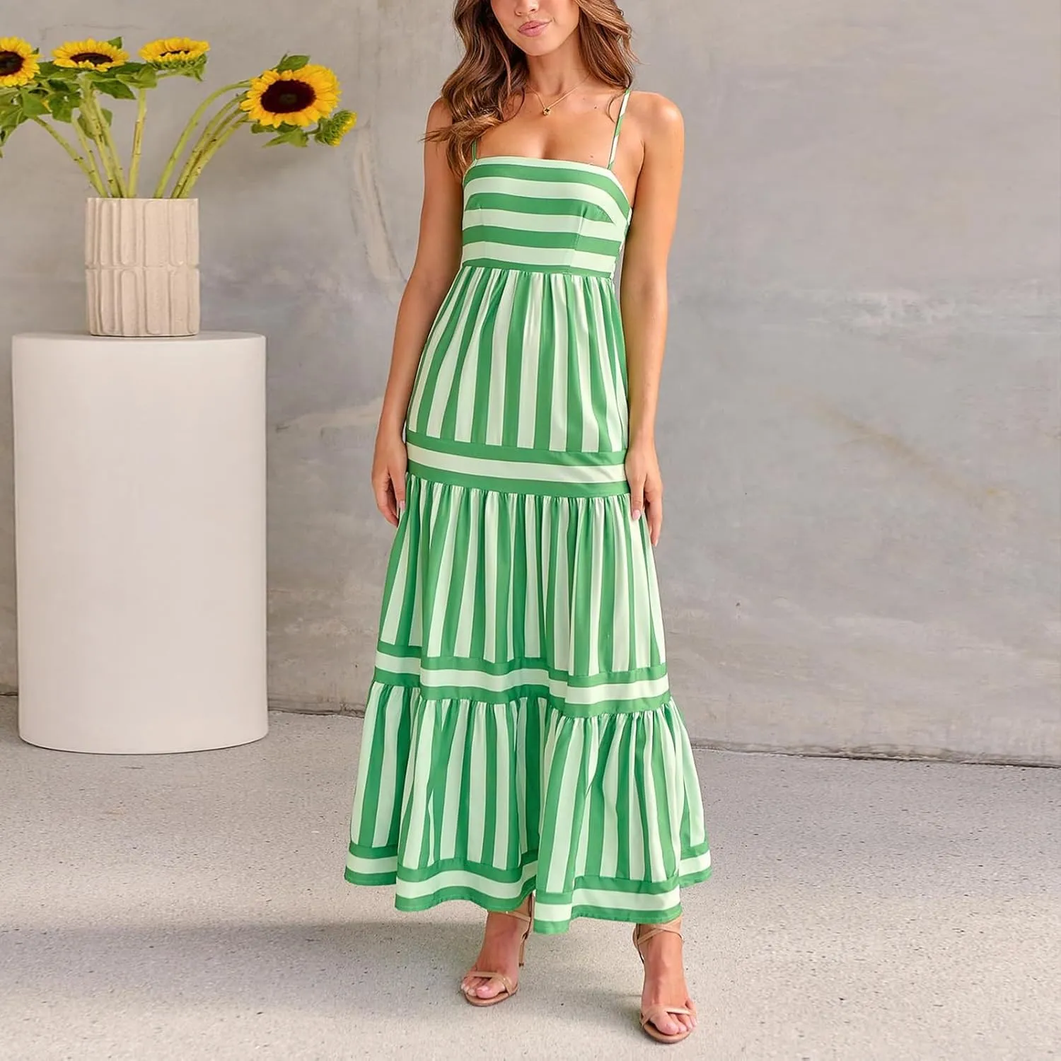 Women Striped Print Maxi Dress Spaghetti Strap Flowy Tiered Dress Sleeveless Casual Summer Sundress