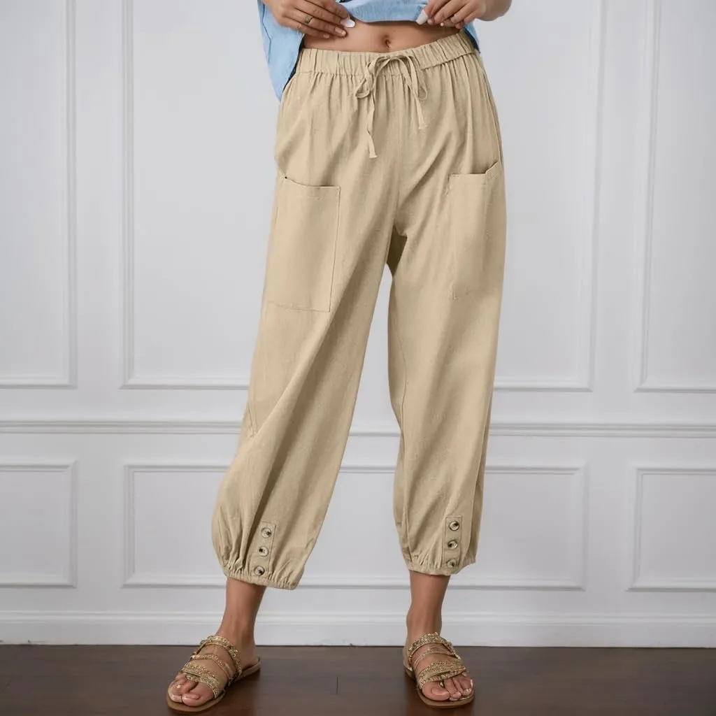 Women Summer Linen Pant 2025 High Waist Drawstring Baggy Pant Casual Loose Boho Vacation Beach Wide Leg Trouser Pocket