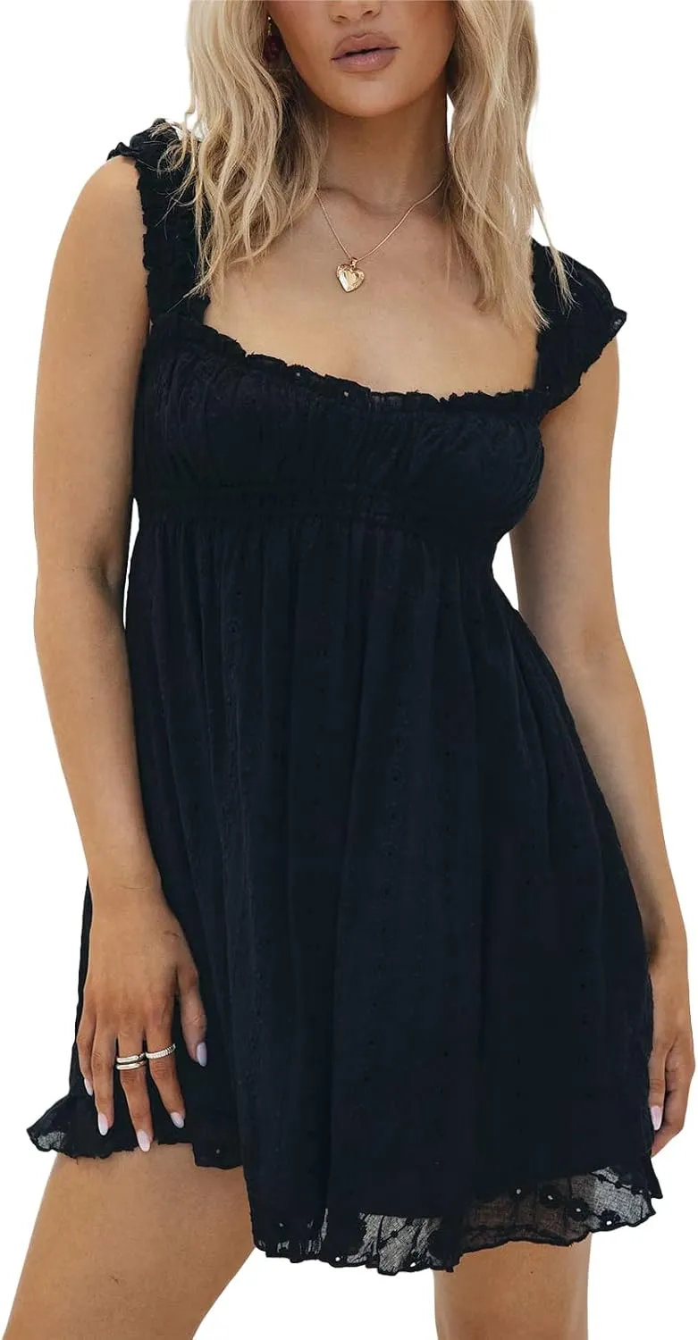 Women Summer Spaghetti Strap Mini Dress Sexy V Neck Backless A Line Short Dress Casual Sleeveless Floral Cami Dress
