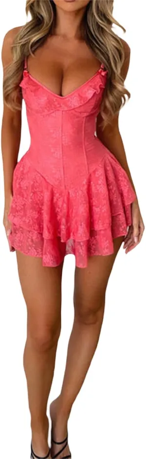 Women Summer Spaghetti Strap Mini Dress Sexy V Neck Backless A Line Short Dress Casual Sleeveless Floral Cami Dress