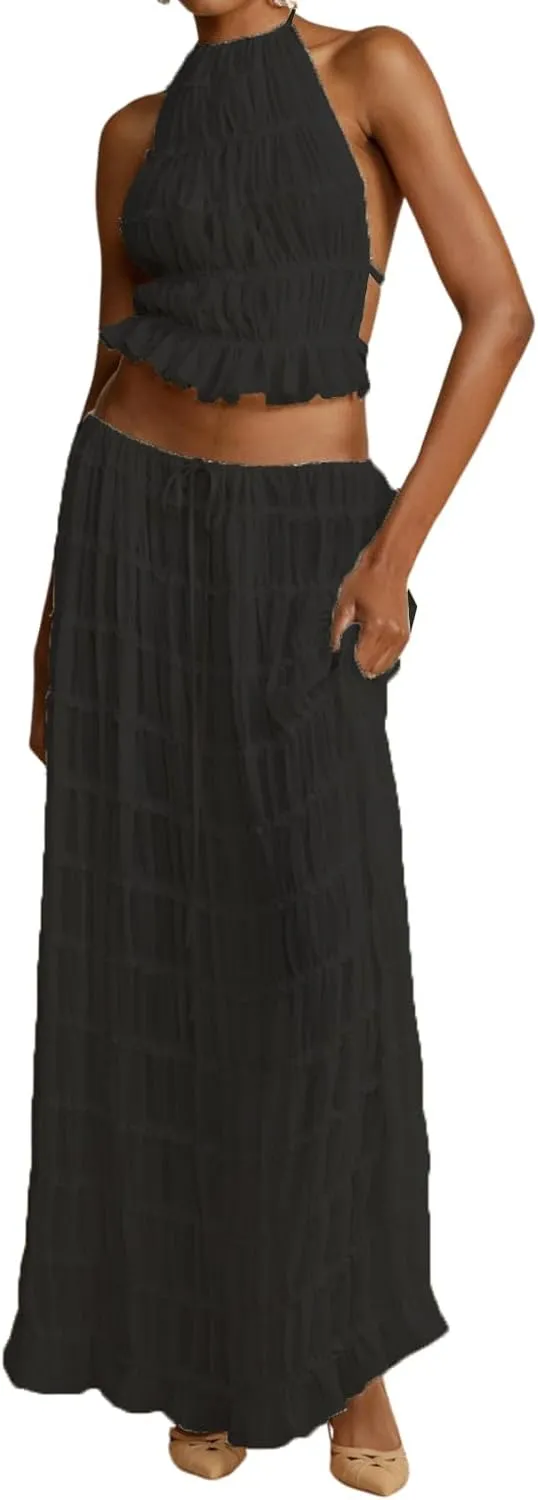 Women Two Piece Maxi Skirt Set Y2k Sleeveless Crop Cami Top Ruffle Tiered Flowy Long Skirt Vacation Beach Outfits