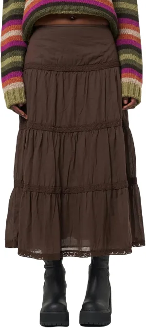 Women Vintage Printed Midi Skirt Pleated Lace Trim Tiered Long Skirt Casual Solid Color A Line Retro Skirt