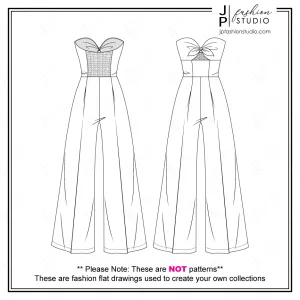 Women Wide Leg Bandeau Jumpsuit Technical Drawing / Tube Jumpsuit Fashion Flat Sketches / Fashion CAD design / Front Peekaboo, Bow Trim and smocking detail at back