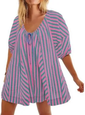 Women Y2K Puff Sleeve Striped Oversized Romper Dress Summer V Neck Overall Wide Leg Loose Jumpsuit with Pocket