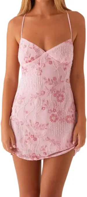 Women Y2K Sparkle Rhinestone Tie Back Mini Dress Sexy Sleeveless Floral Sequin Embroidery Short Dress Clubwear