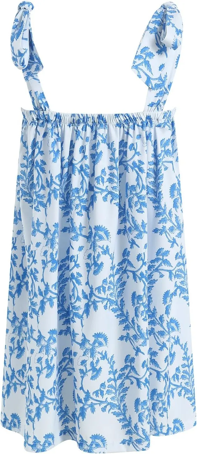Women Y2K Tie Shoulder Mini Dress Bow Babydoll Ruffle Short Dresses Summer Boho Floral Flowy Beach Sundress