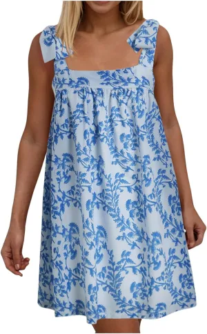 Women Y2K Tie Shoulder Mini Dress Bow Babydoll Ruffle Short Dresses Summer Boho Floral Flowy Beach Sundress