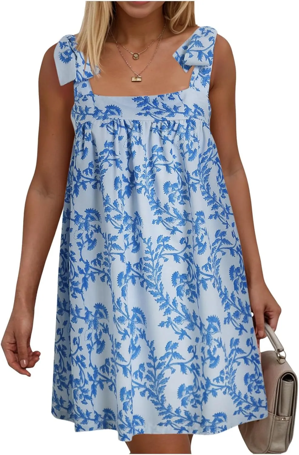 Women Y2K Tie Shoulder Mini Dress Bow Babydoll Ruffle Short Dresses Summer Boho Floral Flowy Beach Sundress