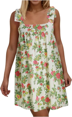 Women Y2K Tie Shoulder Mini Dress Bow Babydoll Ruffle Short Dresses Summer Boho Floral Flowy Beach Sundress