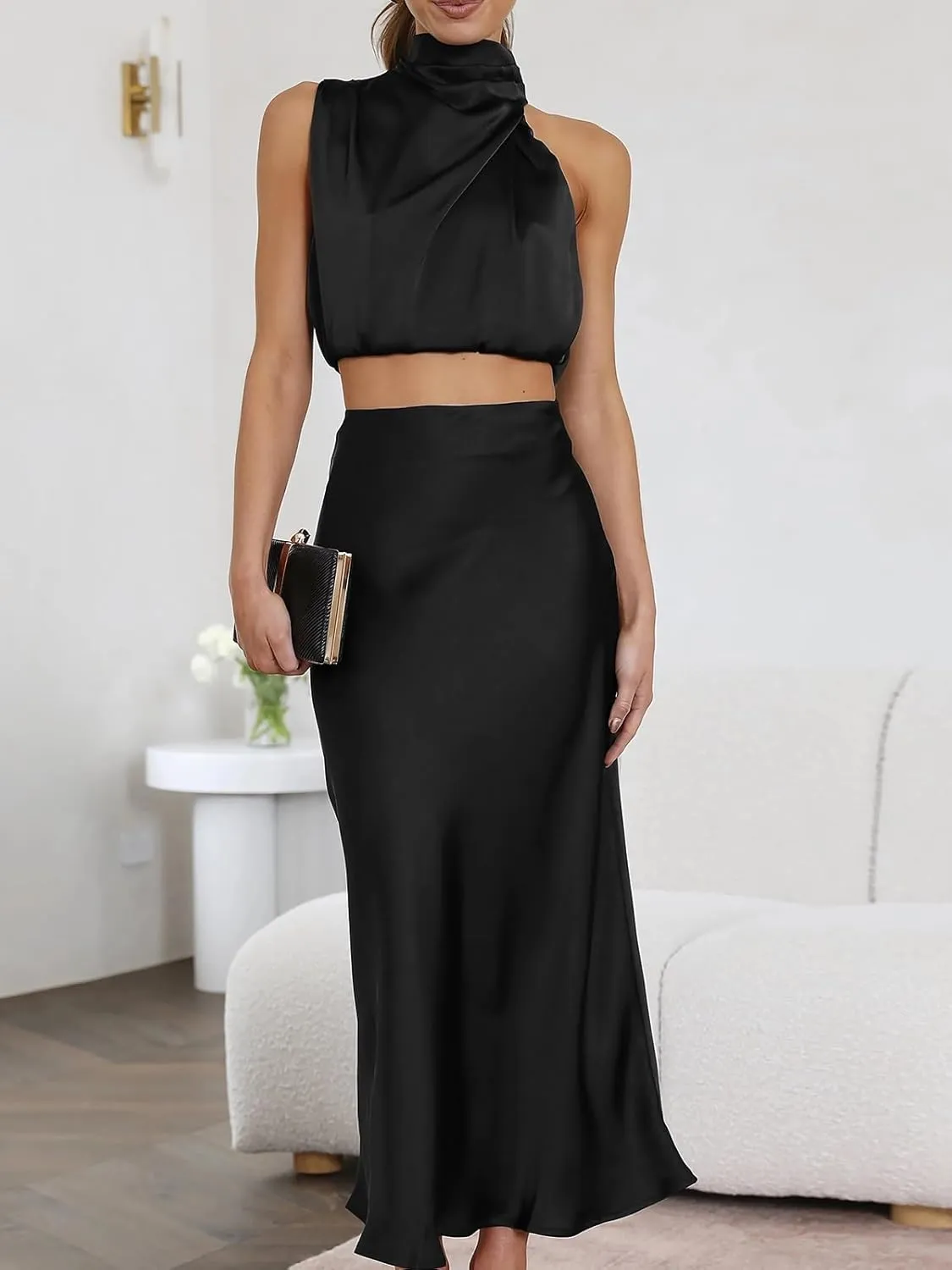 Women's 2 Pc Outfits Sexy Mock Neck Sleeveless Top and Casual Long Skirt Evening Dress Set