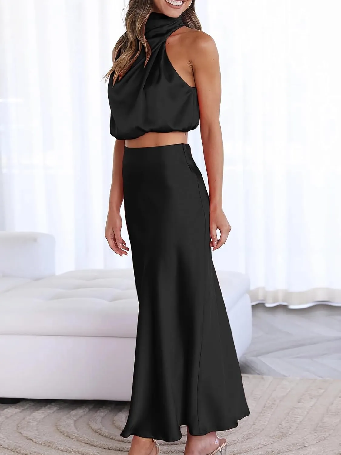 Women's 2 Pc Outfits Sexy Mock Neck Sleeveless Top and Casual Long Skirt Evening Dress Set