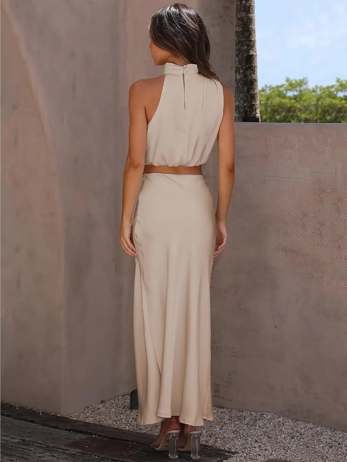 Women's 2 Pc Outfits Sexy Mock Neck Sleeveless Top and Casual Long Skirt Evening Dress Set