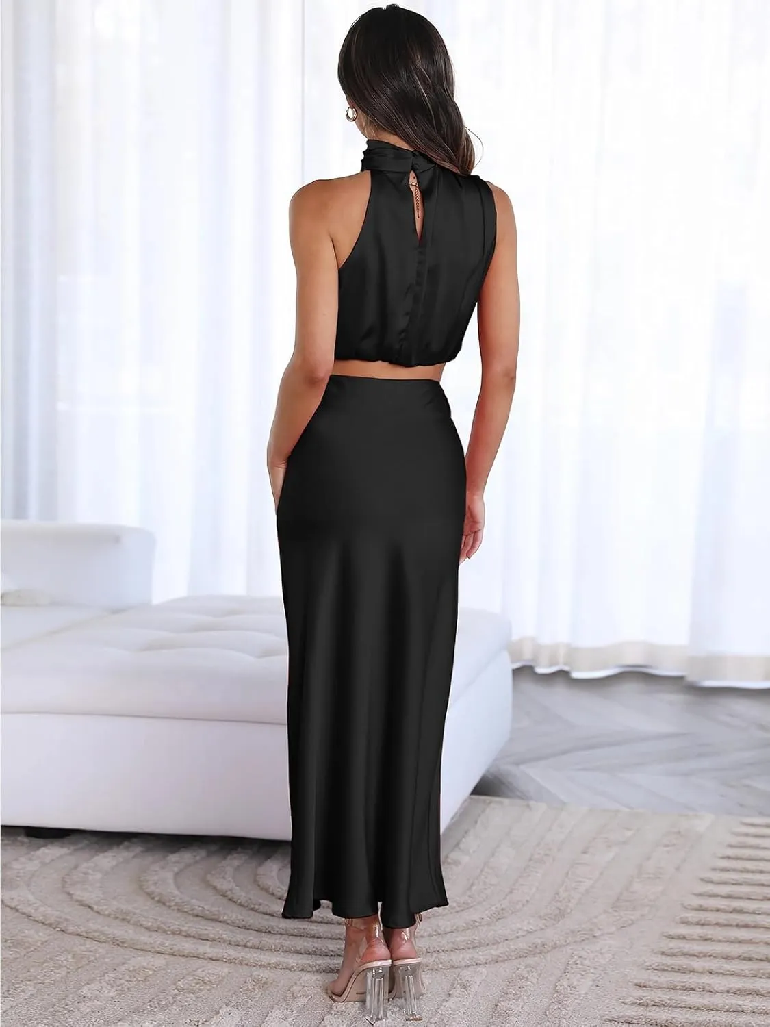 Women's 2 Pc Outfits Sexy Mock Neck Sleeveless Top and Casual Long Skirt Evening Dress Set