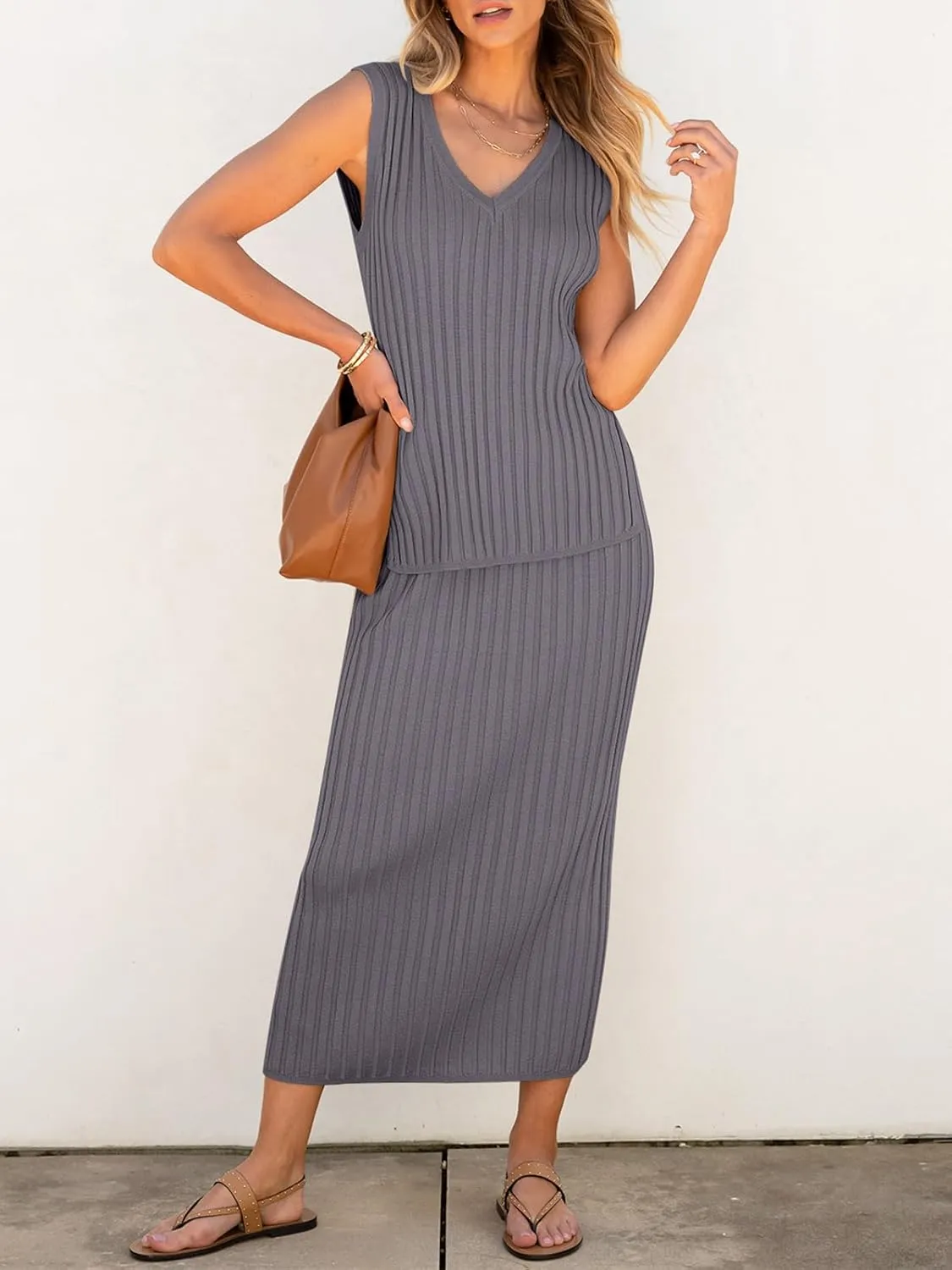 Women's 2 Piece Outfits Summer Sweater Skirt Sets Casual Sleeveless V Neck Ribbed Vest Knit Tops Midi Dress