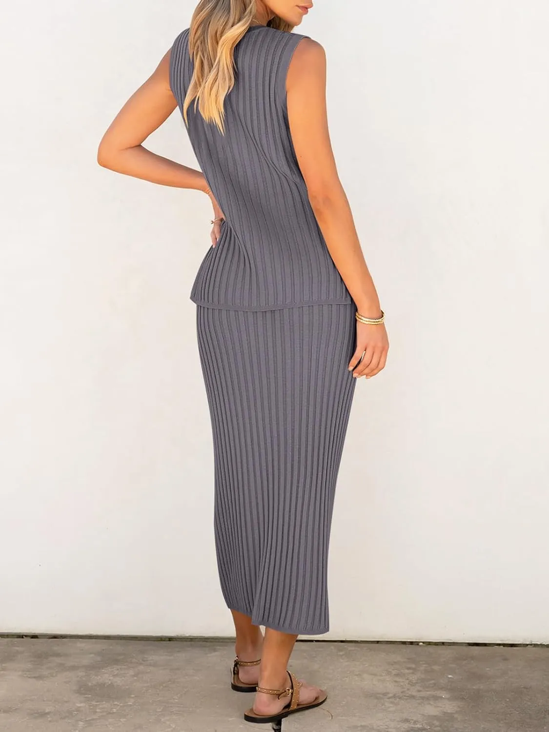 Women's 2 Piece Outfits Summer Sweater Skirt Sets Casual Sleeveless V Neck Ribbed Vest Knit Tops Midi Dress