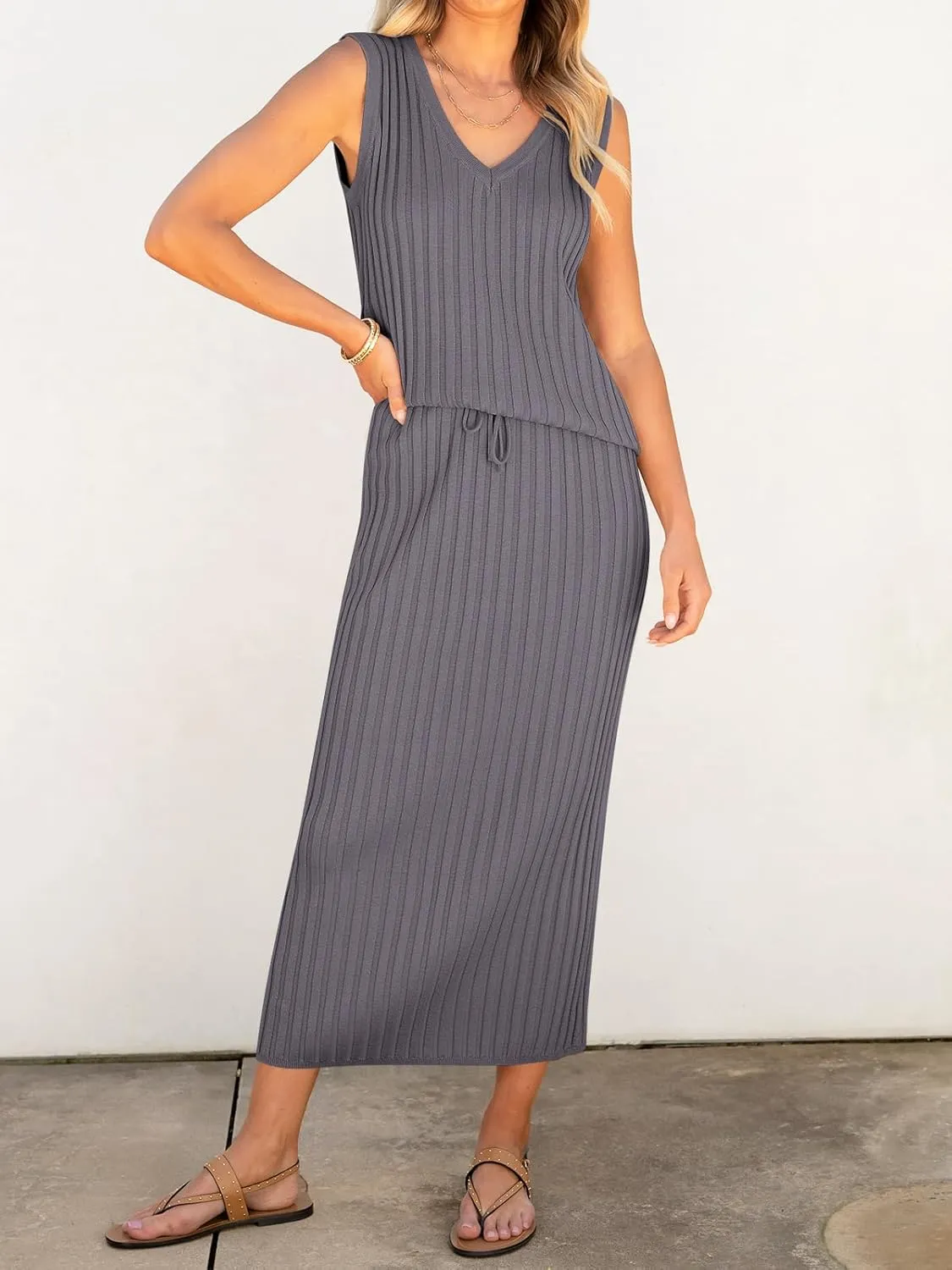 Women's 2 Piece Outfits Summer Sweater Skirt Sets Casual Sleeveless V Neck Ribbed Vest Knit Tops Midi Dress
