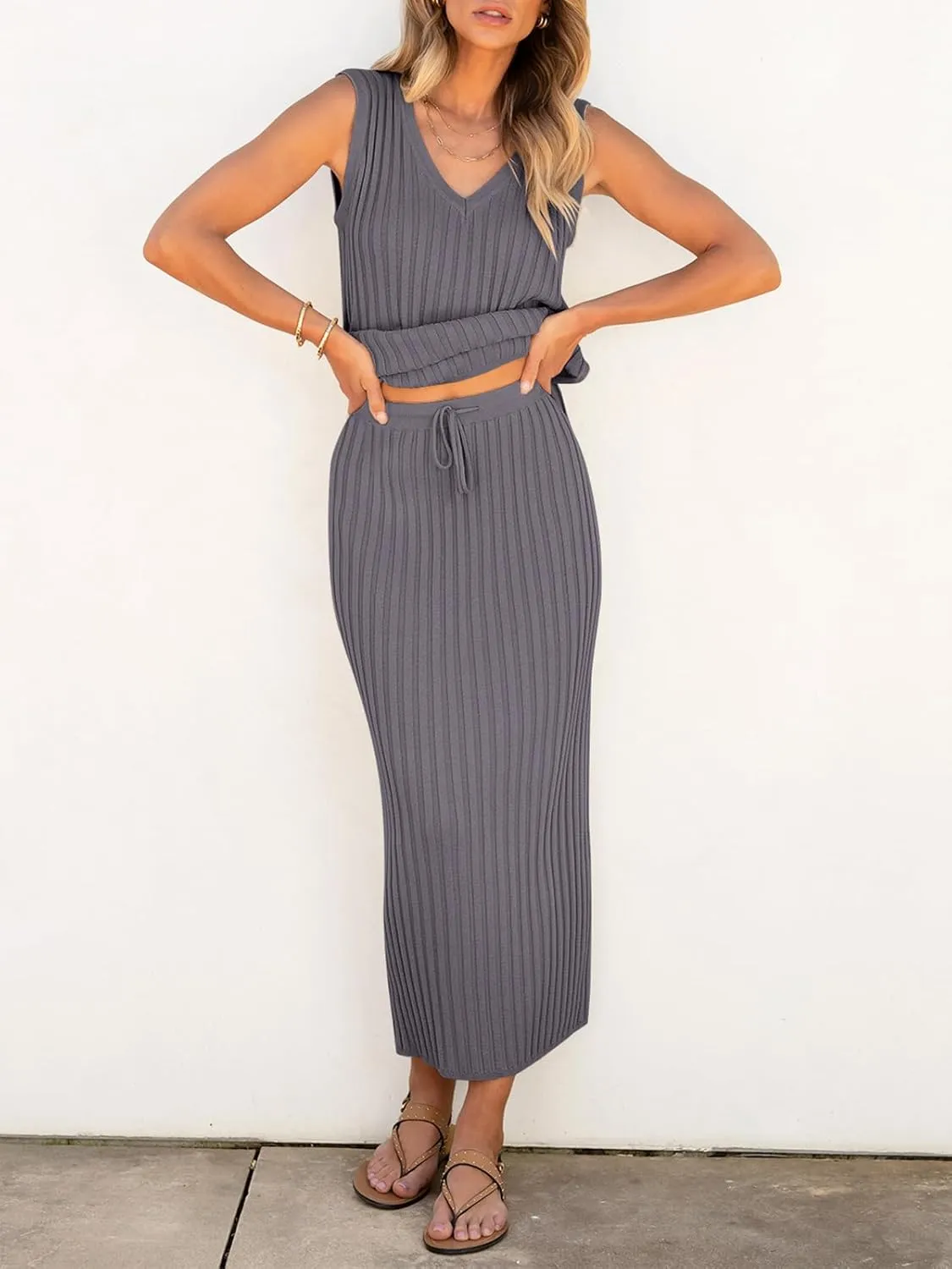 Women's 2 Piece Outfits Summer Sweater Skirt Sets Casual Sleeveless V Neck Ribbed Vest Knit Tops Midi Dress