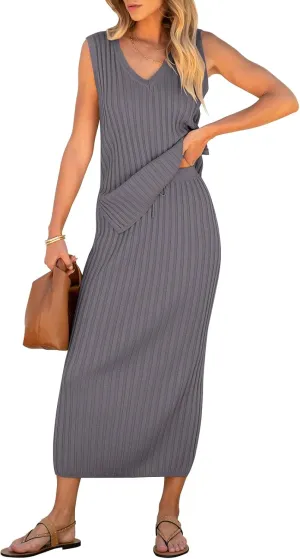 Women's 2 Piece Outfits Summer Sweater Skirt Sets Casual Sleeveless V Neck Ribbed Vest Knit Tops Midi Dress
