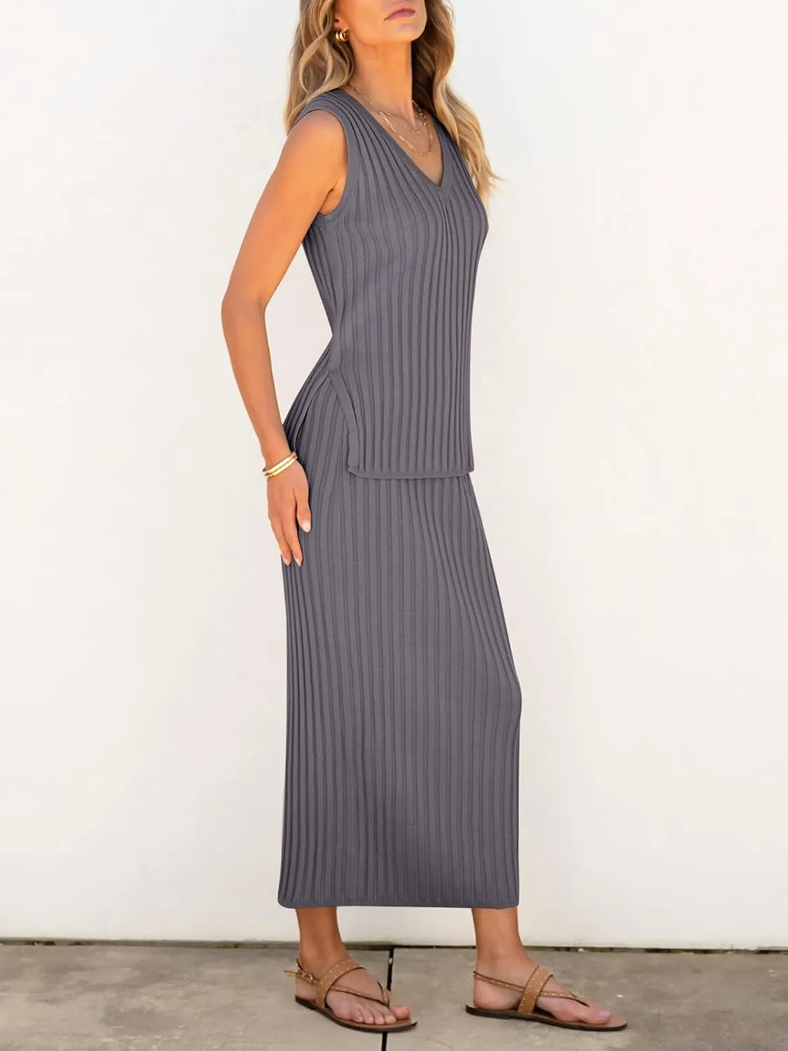 Women's 2 Piece Outfits Summer Sweater Skirt Sets Casual Sleeveless V Neck Ribbed Vest Knit Tops Midi Dress