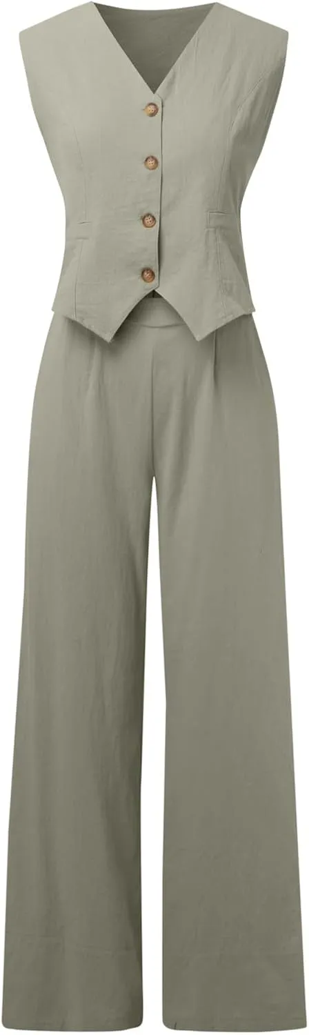 Womens 2 Piece Sets Summer Button Down Vest and Wide Leg Pants Suits Linen Business Casual Outfits V Neck Blazer Sets