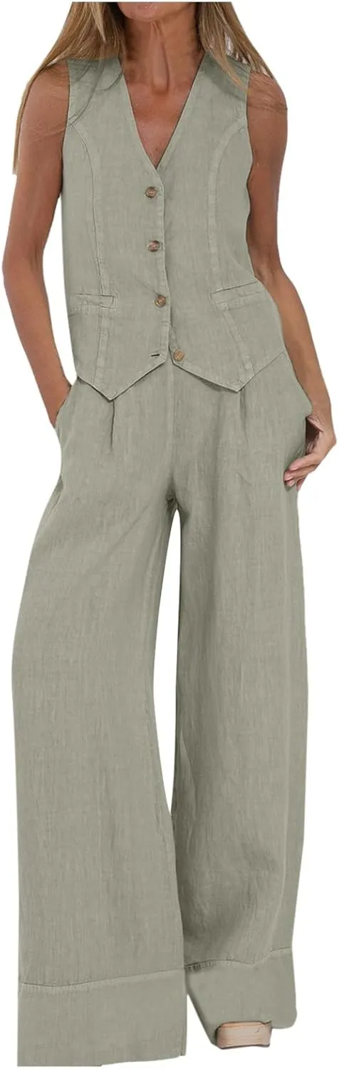 Womens 2 Piece Sets Summer Button Down Vest and Wide Leg Pants Suits Linen Business Casual Outfits V Neck Blazer Sets