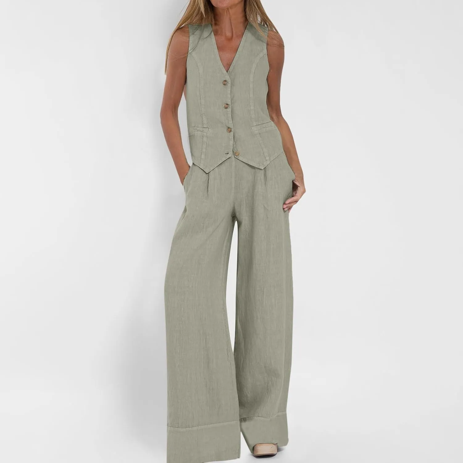Womens 2 Piece Sets Summer Button Down Vest and Wide Leg Pants Suits Linen Business Casual Outfits V Neck Blazer Sets