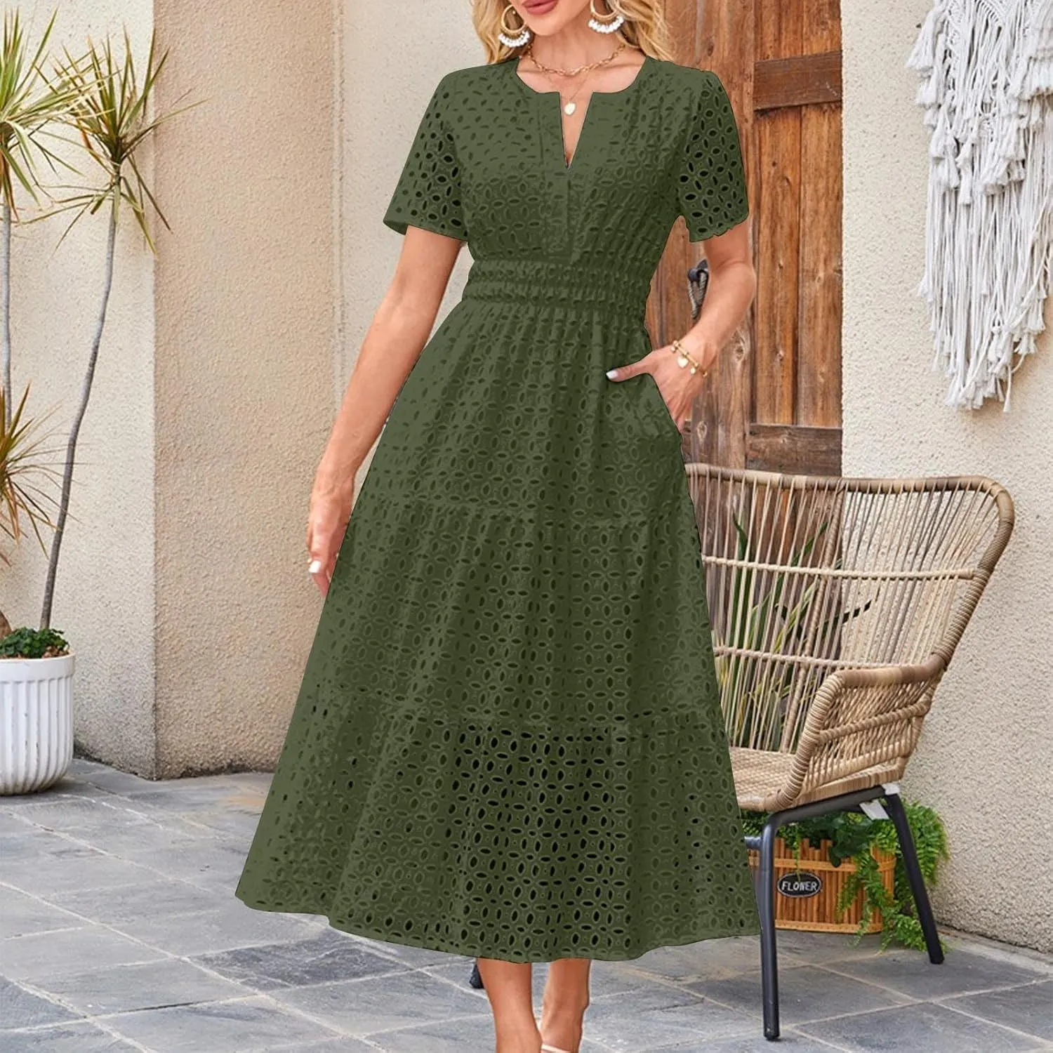 Women's 2025 Summer Maxi Dress V Neck Short Sleeve Hollow Out Casual Eyelet Ruffle Swing A Line Boho Long Dresses