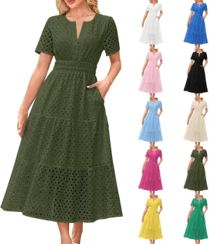 Women's 2025 Summer Maxi Dress V Neck Short Sleeve Hollow Out Casual Eyelet Ruffle Swing A Line Boho Long Dresses