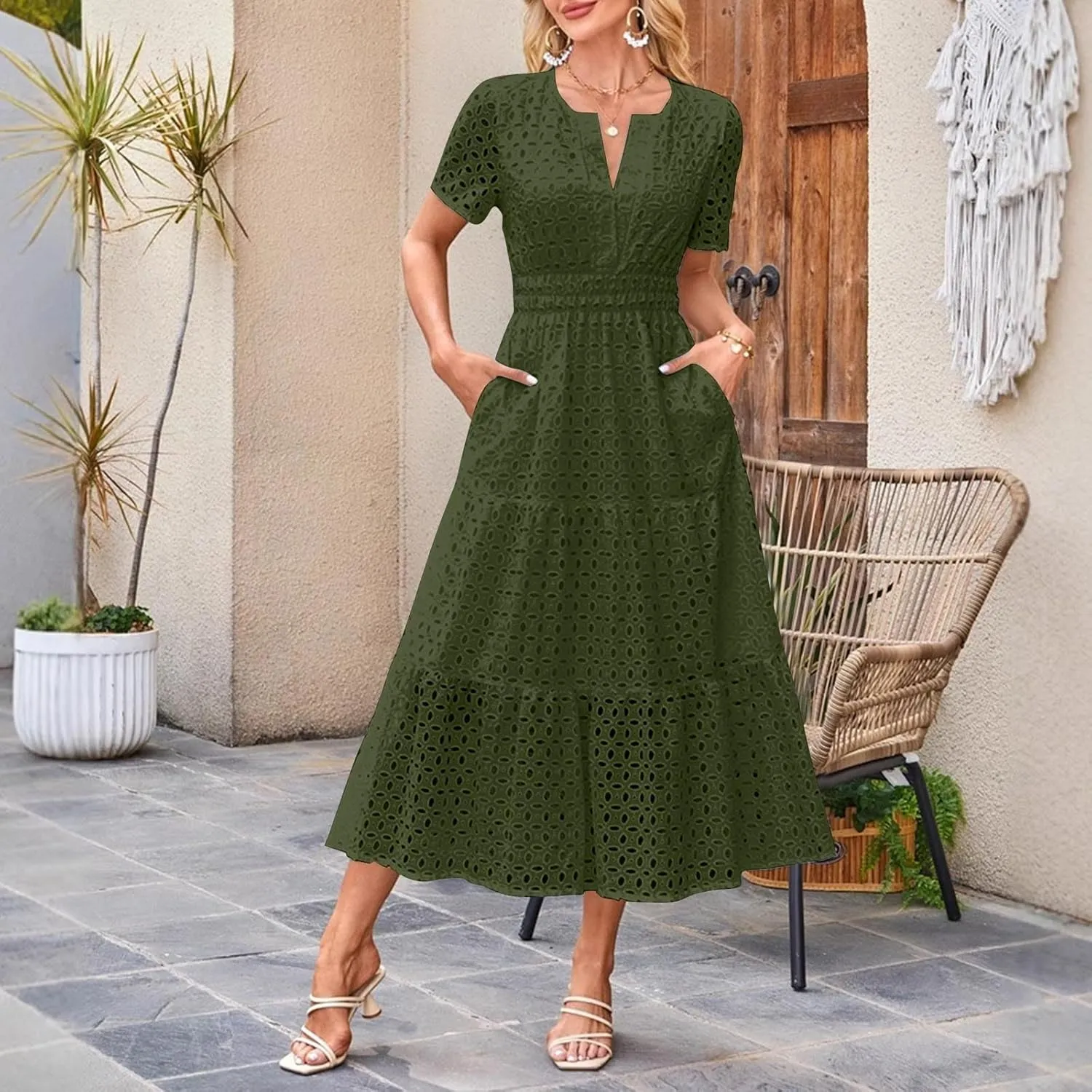 Women's 2025 Summer Maxi Dress V Neck Short Sleeve Hollow Out Casual Eyelet Ruffle Swing A Line Boho Long Dresses