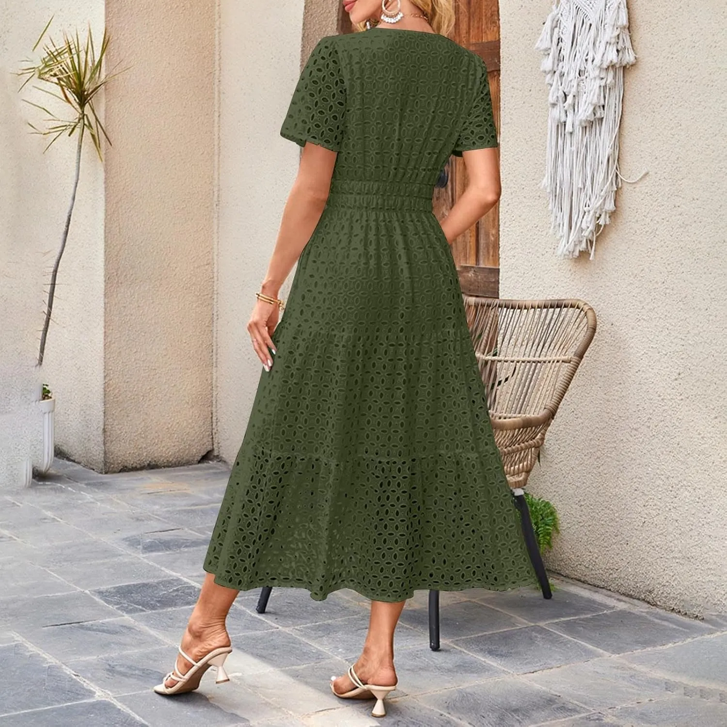Women's 2025 Summer Maxi Dress V Neck Short Sleeve Hollow Out Casual Eyelet Ruffle Swing A Line Boho Long Dresses