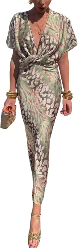Women's 2025 Summer Maxi Dresses Short Sleeve V Neck Twist Knot Dress Elegant Spring Print Party Long Satin Dresses