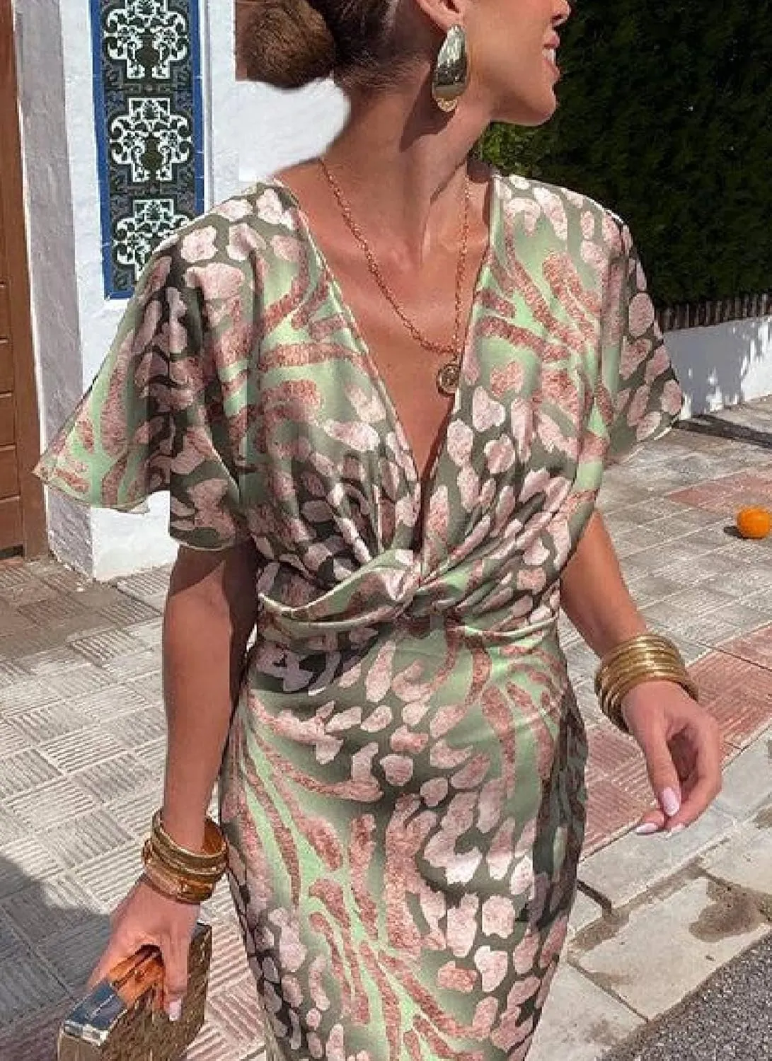 Women's 2025 Summer Maxi Dresses Short Sleeve V Neck Twist Knot Dress Elegant Spring Print Party Long Satin Dresses