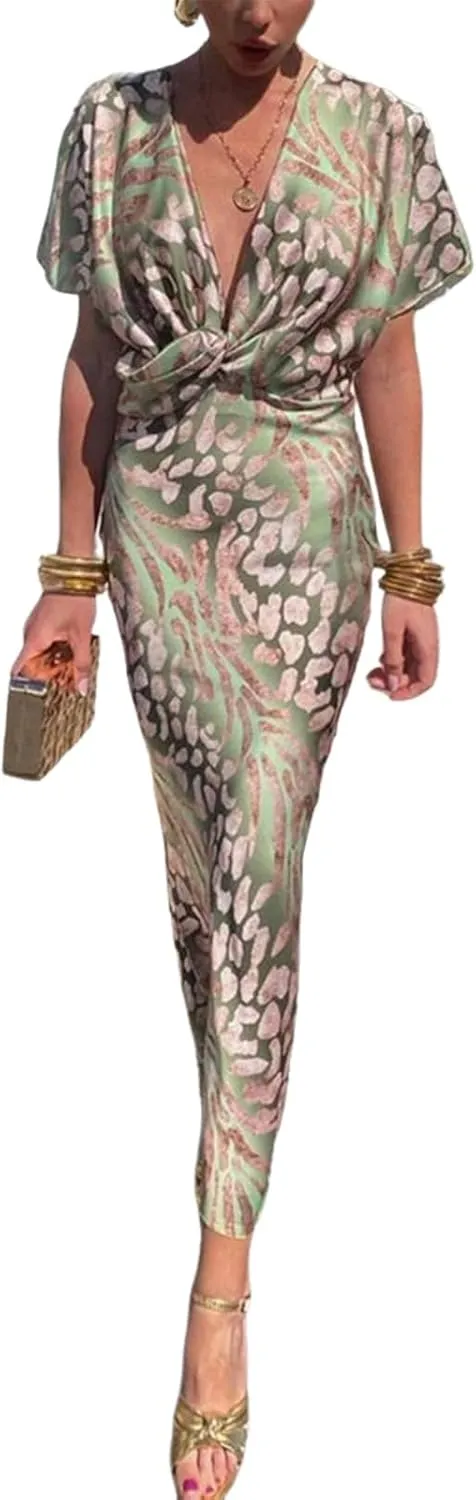 Women's 2025 Summer Maxi Dresses Short Sleeve V Neck Twist Knot Dress Elegant Spring Print Party Long Satin Dresses